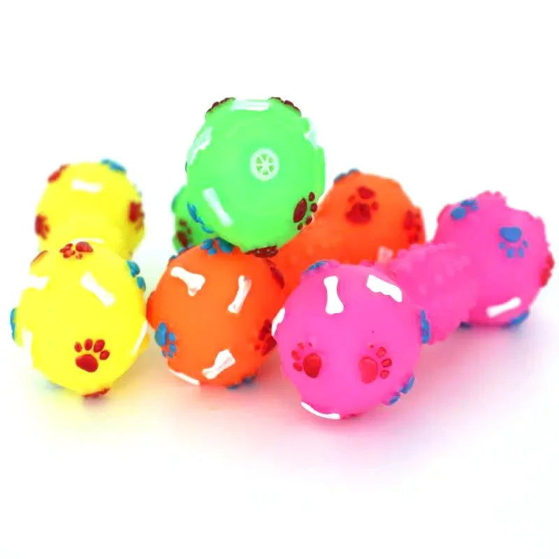 Paw Print Dumbbell Dog Chew Toy - Interactive Squeaker Toy for Teeth Cleaning