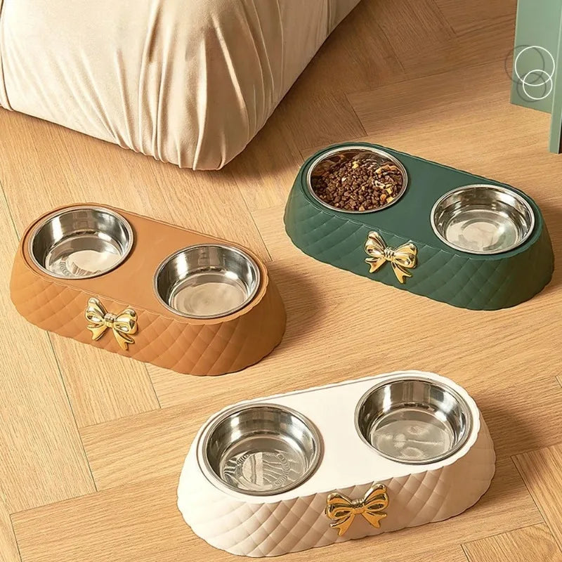 Pet Food & Water Double Bowl with Bowtie Design