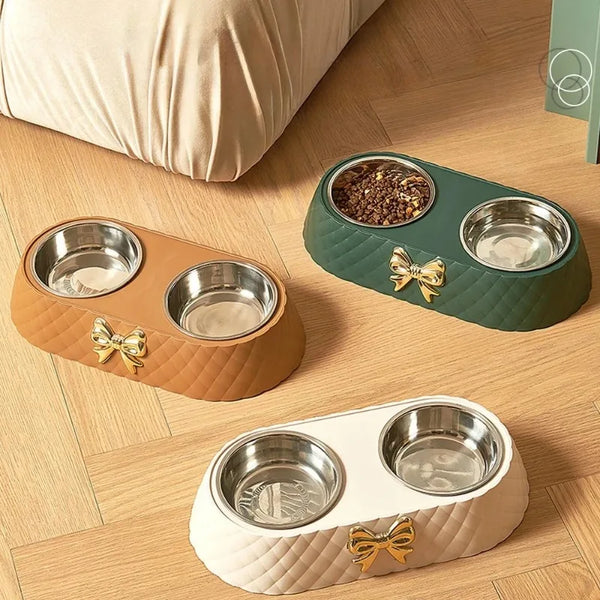 Pet Food & Water Double Bowl with Bowtie Design