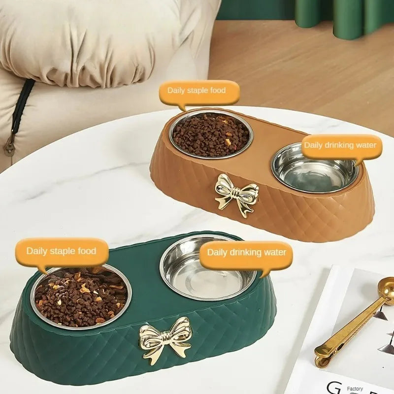 Pet Food & Water Double Bowl with Bowtie Design