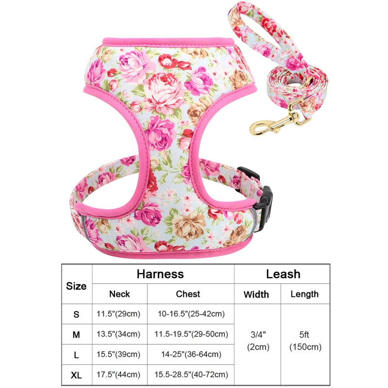 Floral Print Dog Harness and Leash Set - Adjustable Comfort Vest for Small to Large Dogs