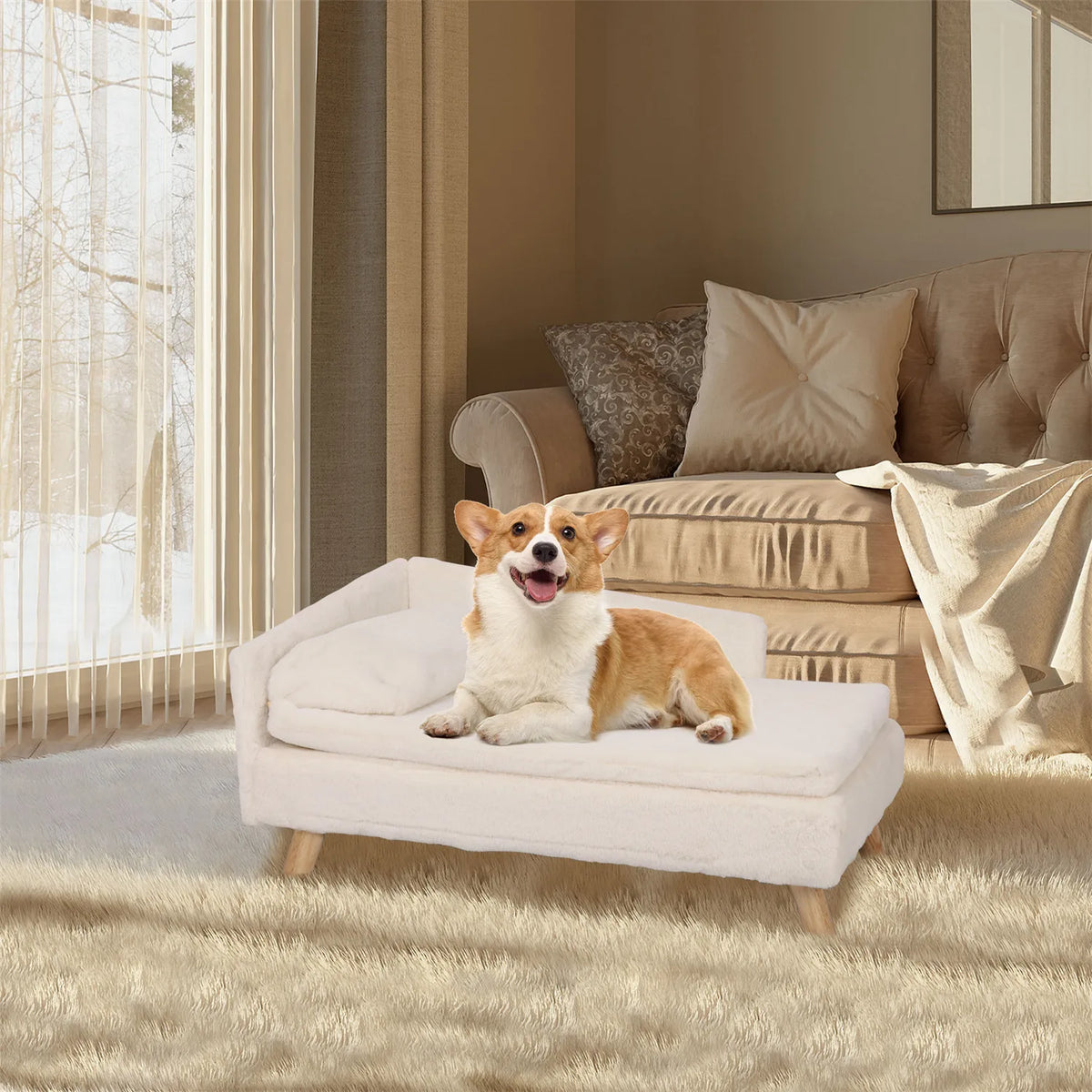 Small cream dog resting on a Nordic elevated dog bed with wooden legs and soft cushion