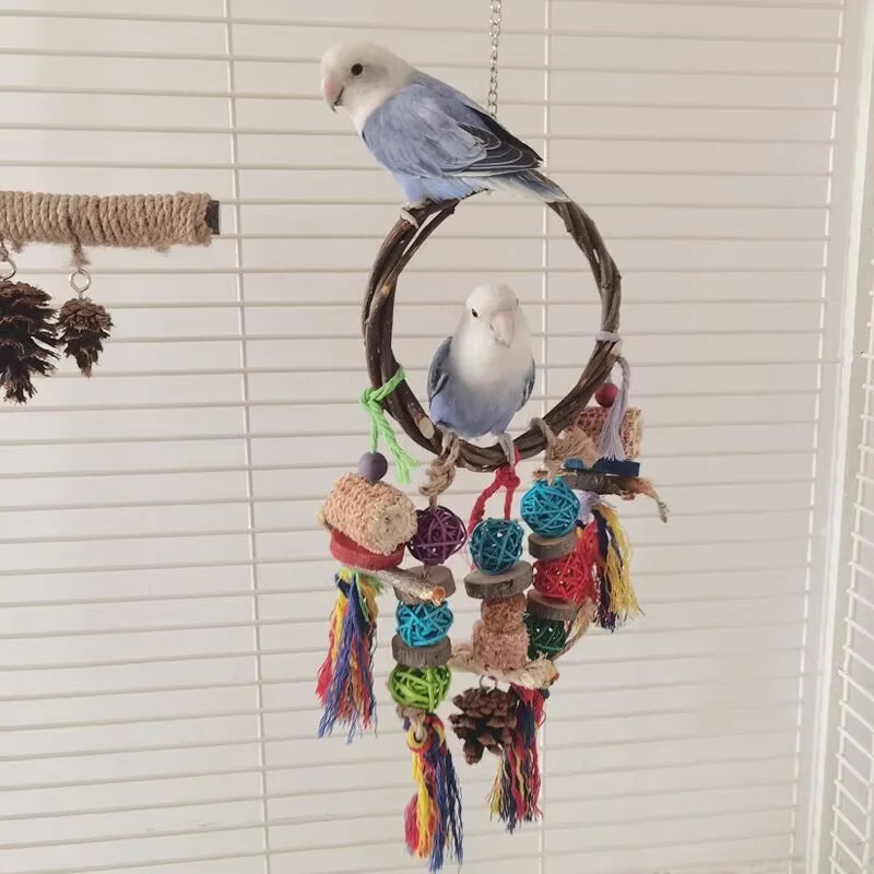 Premium Parrot Enrichment Toy Set - Natural Wood & Paper Silk Weaving