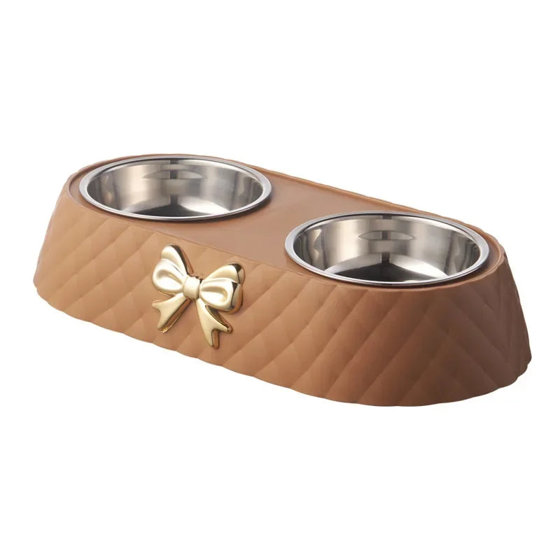 Pet Food & Water Double Bowl with Bowtie Design