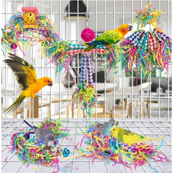 Premium Parrot Enrichment Toy Set - Natural Wood & Paper Silk Weaving