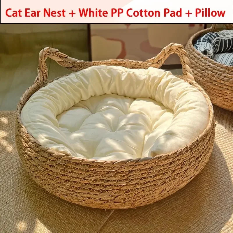 Premium Woven Rattan Cat Bed - Breathable Summer Sleeping House