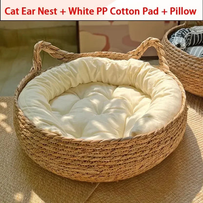Premium Woven Rattan Cat Bed - Breathable Summer Sleeping House