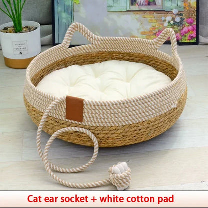 Premium Woven Rattan Cat Bed - Breathable Summer Sleeping House