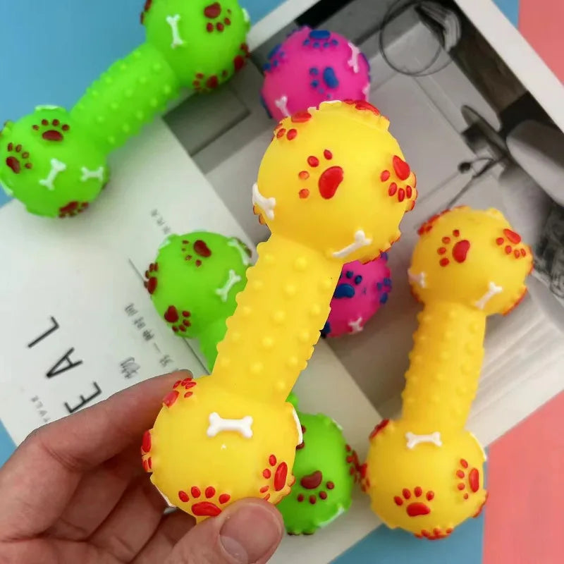 Paw Print Dumbbell Dog Chew Toy - Interactive Squeaker Toy for Teeth Cleaning