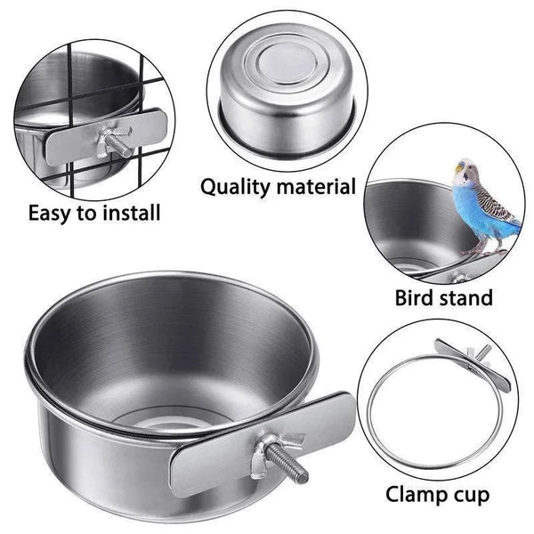 Stainless Steel Bird Feeder with Clamp Holder for Parrots and Parakeets
